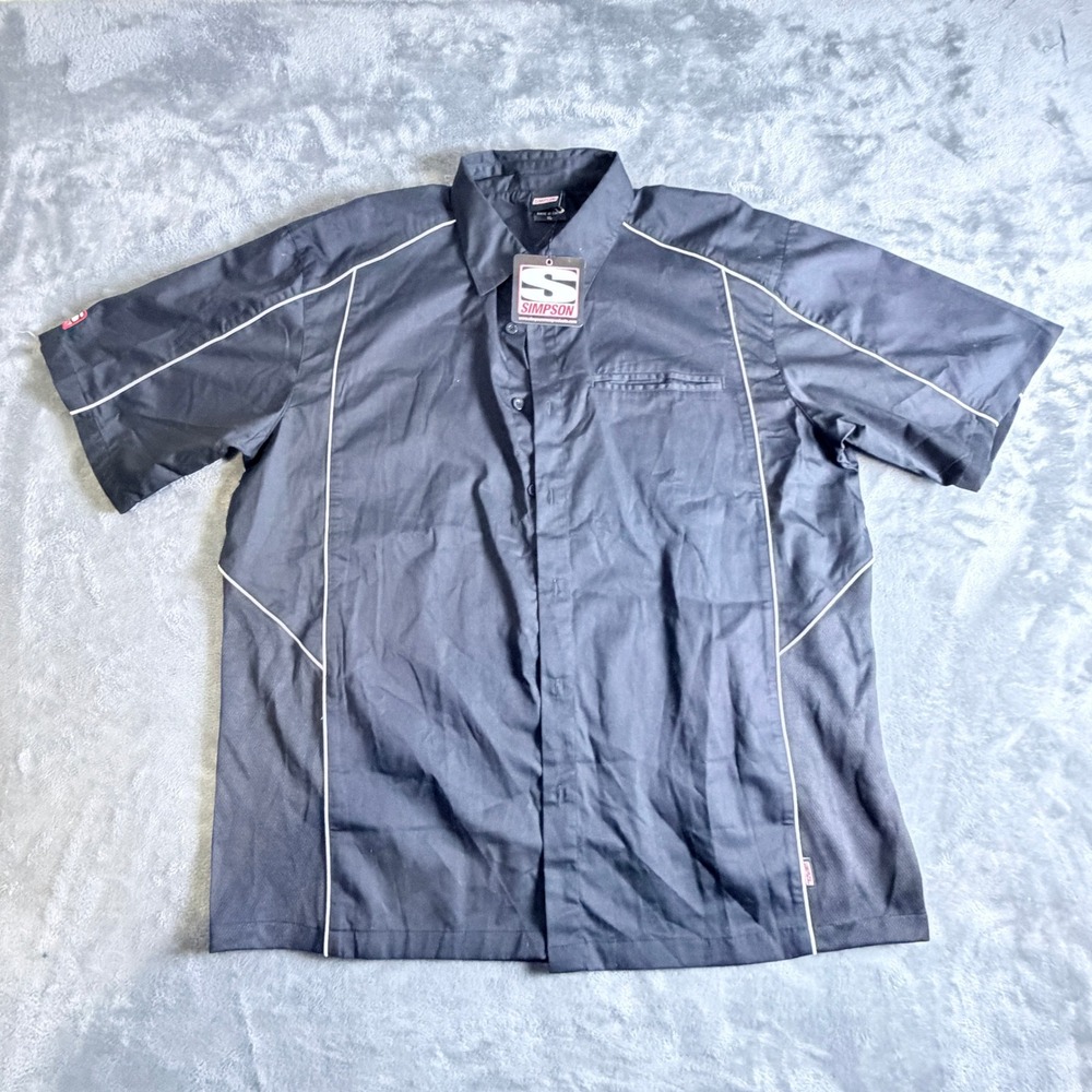 Simpson Race Products Mens XL Black Short Sleeve Pit Crew Shirt Racing Button Up